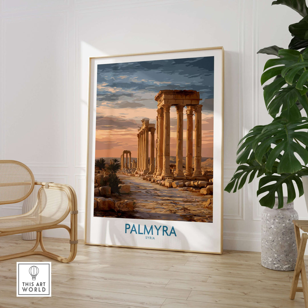 Palmyra architectural art print showcasing ancient Syrian ruins in a stylish interior setting.