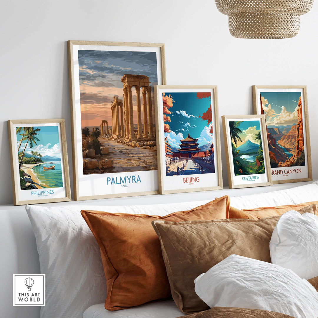 Palmyra architectural art print displayed among travel posters, showcasing ancient Syria's beauty and historical significance.