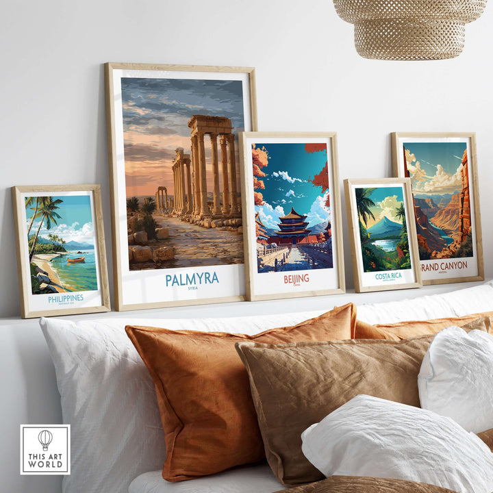 Palmyra architectural art print displayed among travel posters, showcasing ancient Syria's beauty and historical significance.