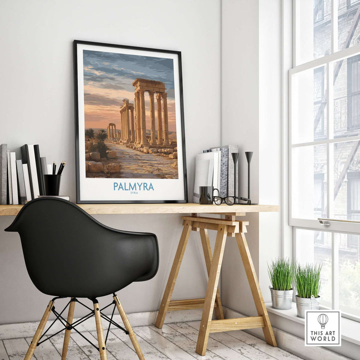 Palmyra architectural art print in a modern workspace, showcasing ancient Syrian ruins and scenic beauty.