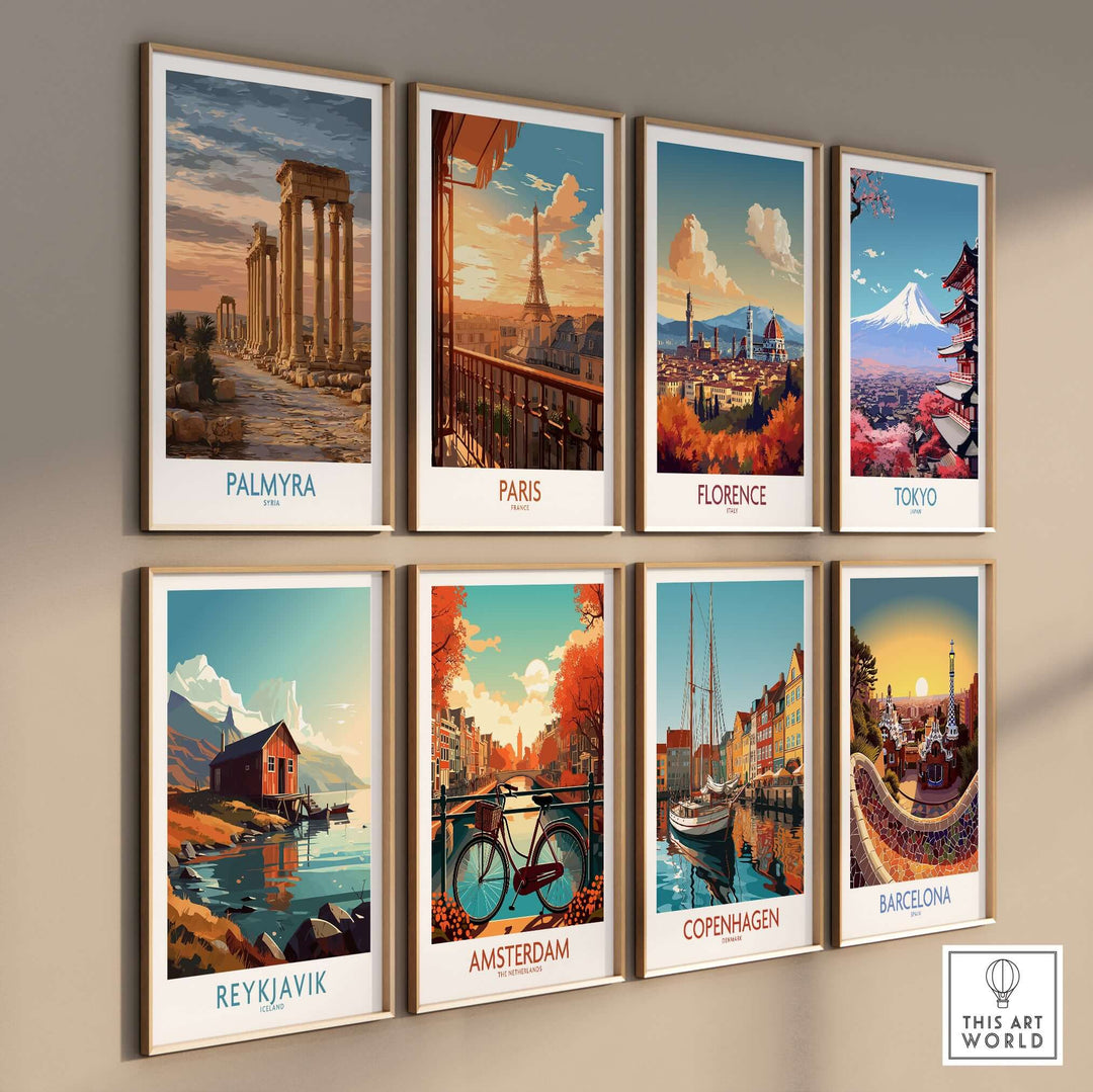 Collection of travel posters including Palmyra, Paris, Florence, Tokyo, Reykjavik, Amsterdam, Copenhagen, Barcelona.