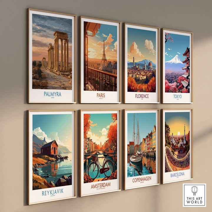 Collection of travel posters including Palmyra, Paris, Florence, Tokyo, Reykjavik, Amsterdam, Copenhagen, Barcelona.