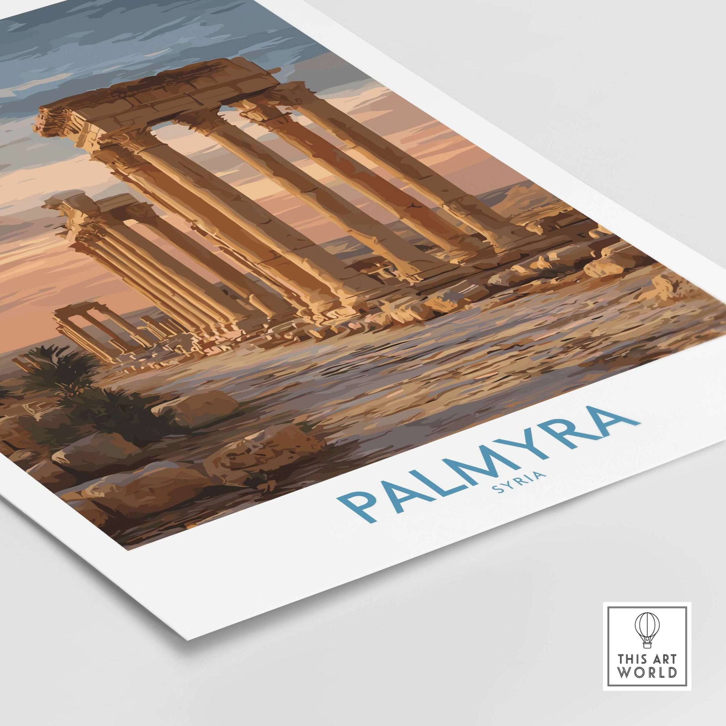Palmyra Poster - Syria Architectural Art Print - Ancient History Wall Art showcasing ancient ruins at sunset.