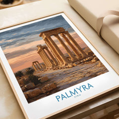 Palmyra Poster - Syria Architectural Art Print - Ancient History Wall Art showcasing historic ruins at sunset.