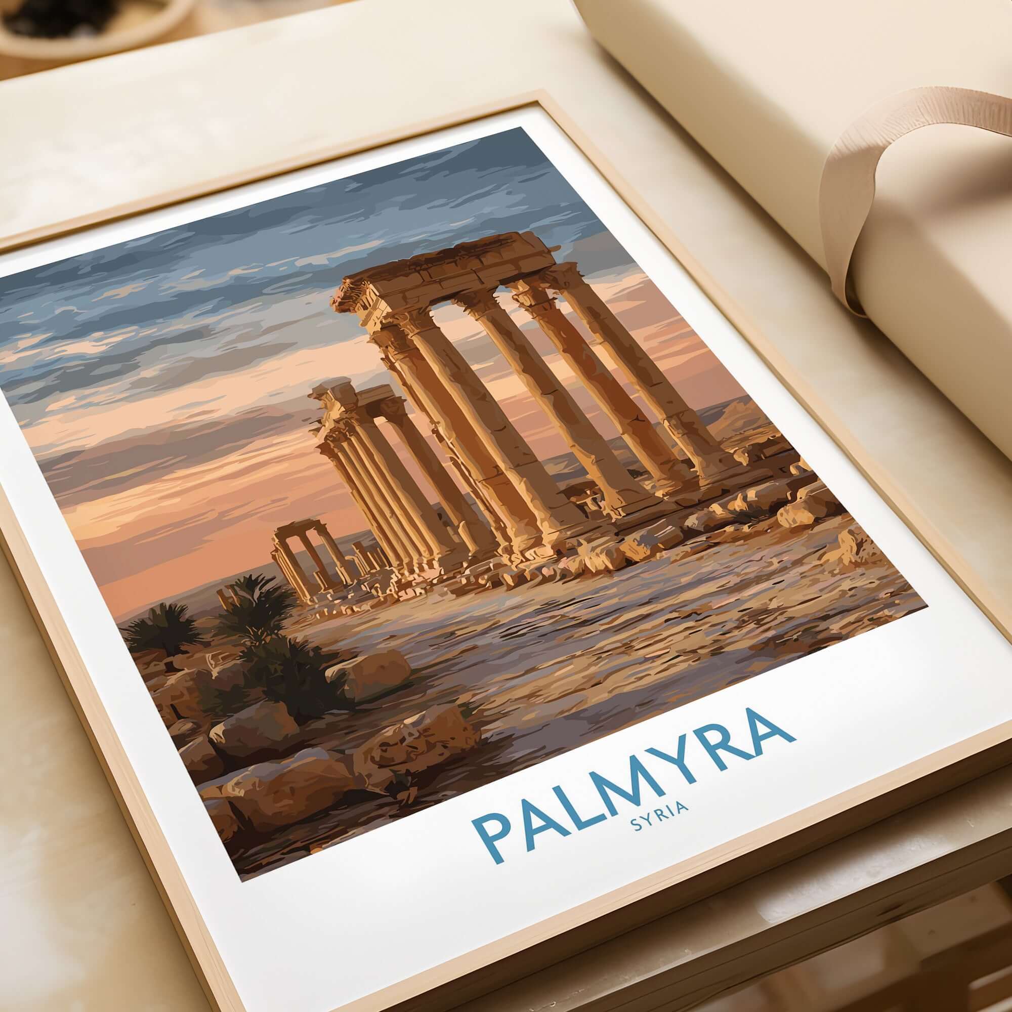 Palmyra Poster - Syria Architectural Art Print - Ancient History Wall Art showcasing historic ruins at sunset.