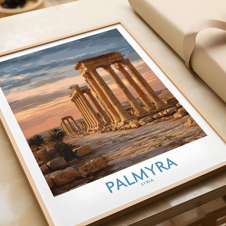 Palmyra poster, architectural art print showcasing ancient ruins of Syria at sunset.