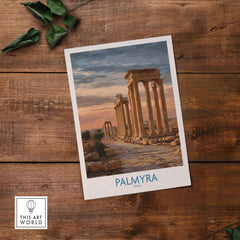 Palmyra Poster - Syria Architectural Art Print - Ancient History Wall Art on wooden surface.