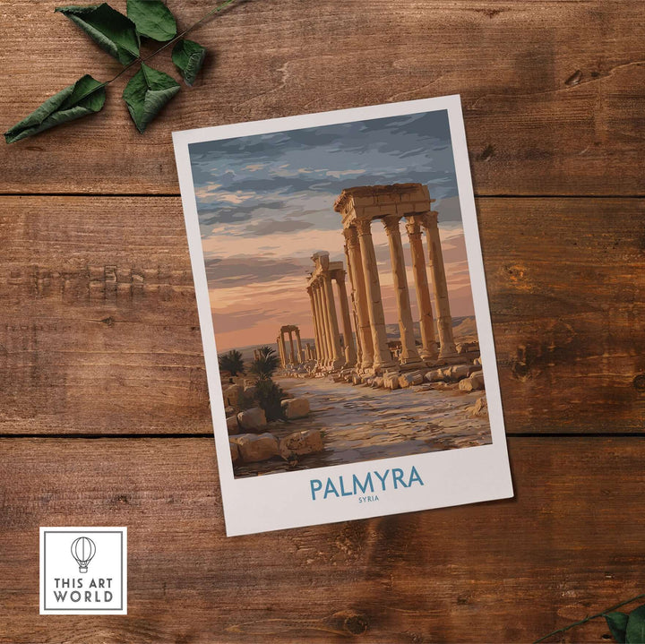 Palmyra architectural art print showcasing ancient Syria's historic ruins on wooden background.