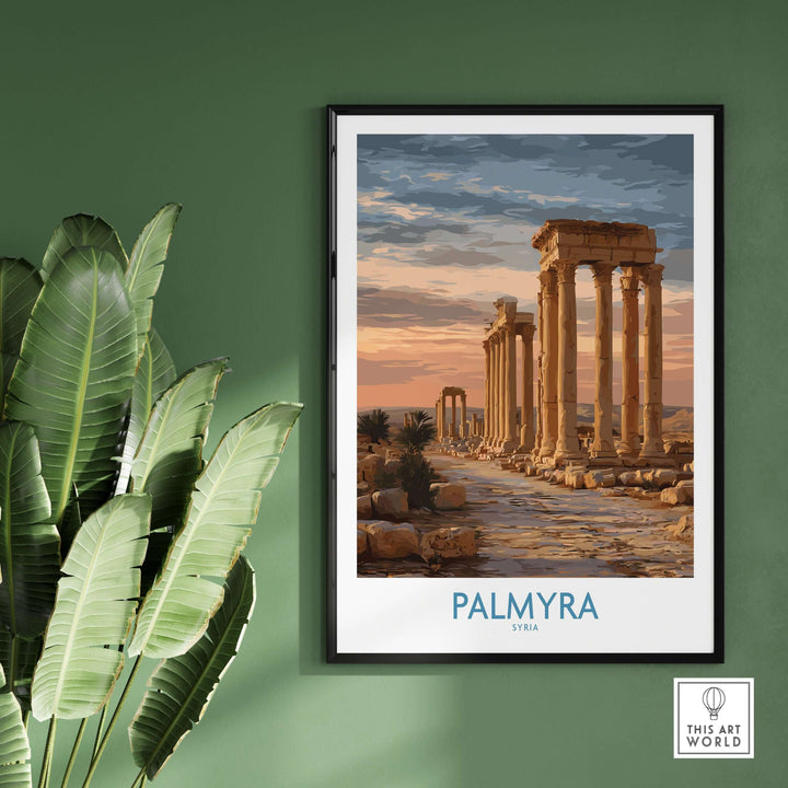 Palmyra poster art print featuring ancient ruins of Syria, displayed on a green wall with lush foliage.