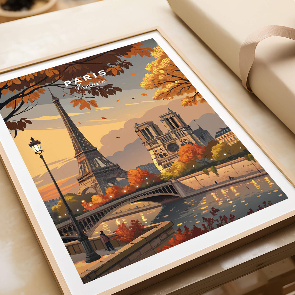 Paris Fall Cityscape Vintage Style Print | French Travel Wall Decor showcasing iconic landmarks and autumn colors.