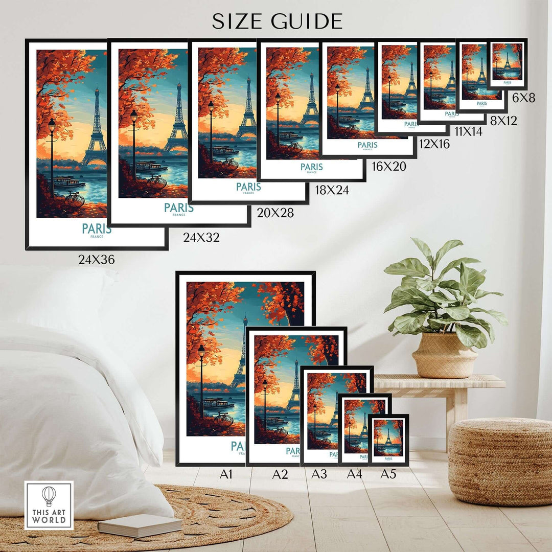 Size guide for Paris poster featuring the Eiffel Tower, showcasing various frame sizes in a stylish room setting.