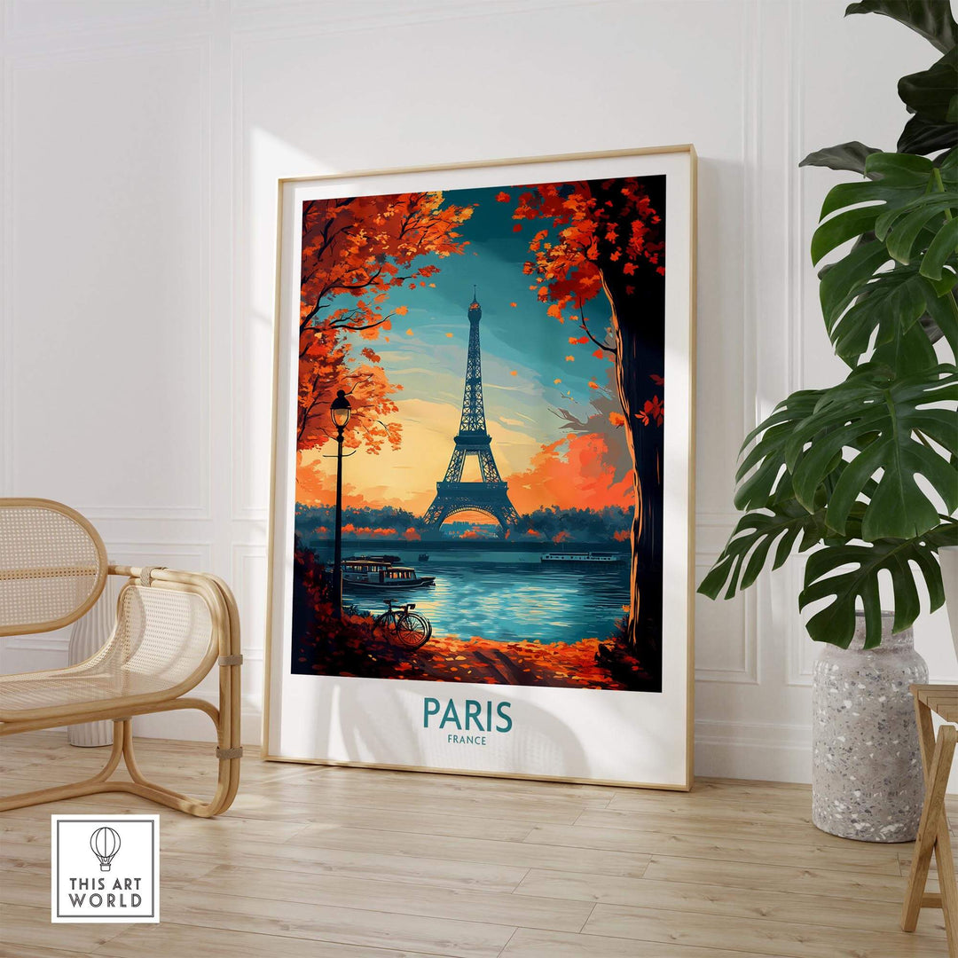 Elegant Paris poster featuring the Eiffel Tower and autumn scenery, perfect for home decor and gifts.