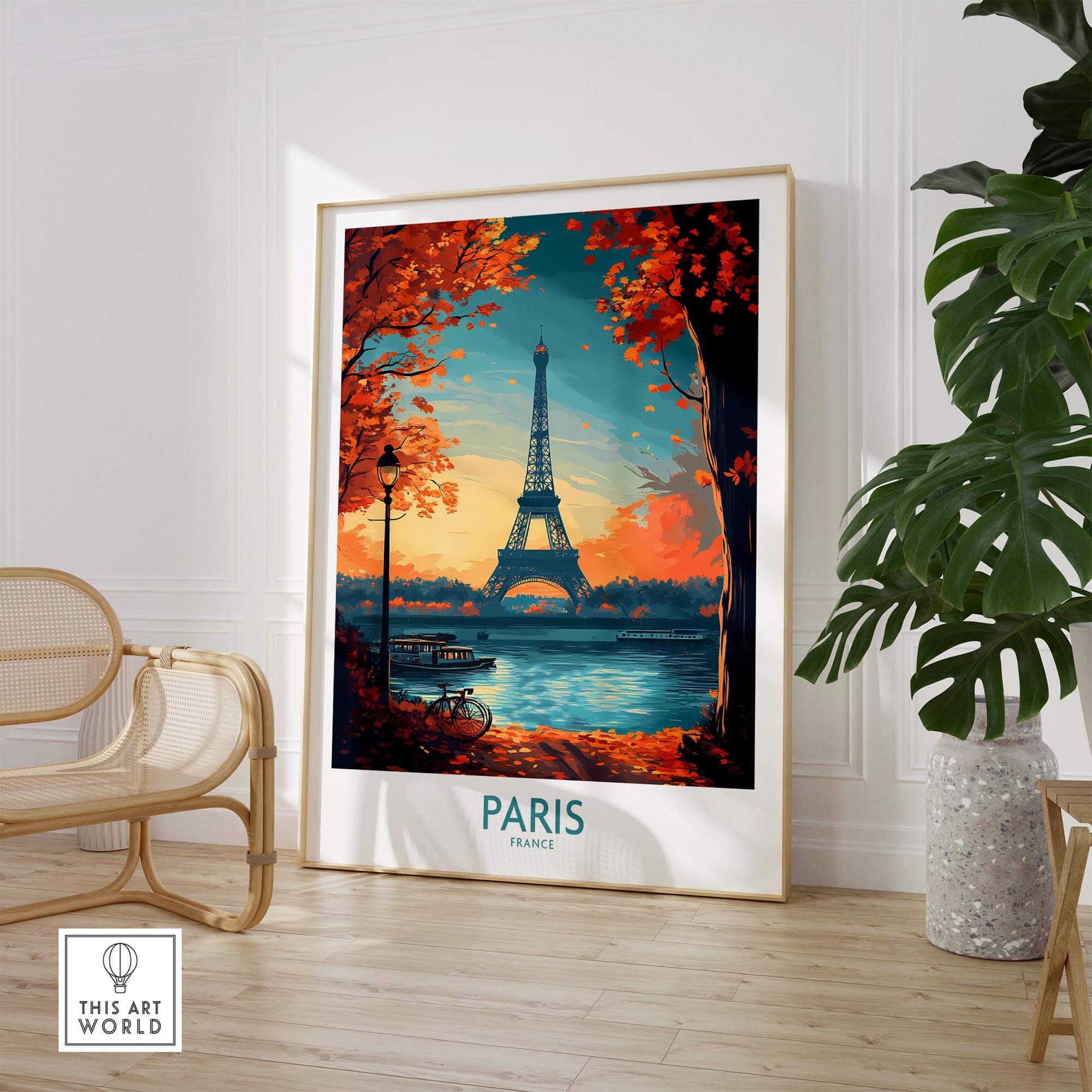 Paris Poster France showcasing the Eiffel Tower amidst autumn scenery in a stylish room decoration.