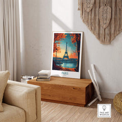 Paris Poster France displayed in a stylish living room, featuring the Eiffel Tower and autumn scenery.