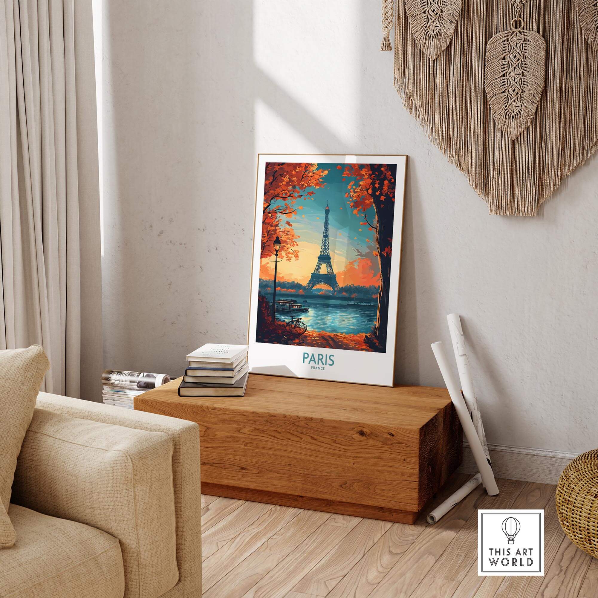 Paris Poster France displayed in a stylish living room, featuring the Eiffel Tower and autumn scenery.