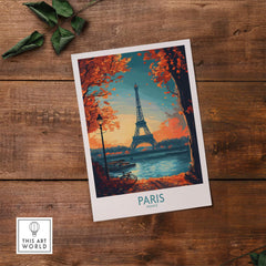 Paris Poster France showcasing the Eiffel Tower with autumn trees and river, perfect for home decor.