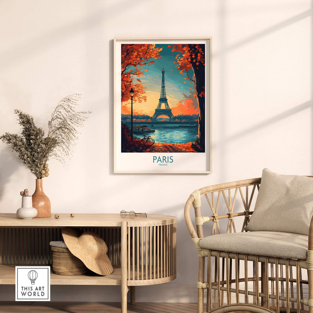 Paris poster featuring the Eiffel Tower in a colorful autumn scene, elegantly displayed in a modern living room setting.