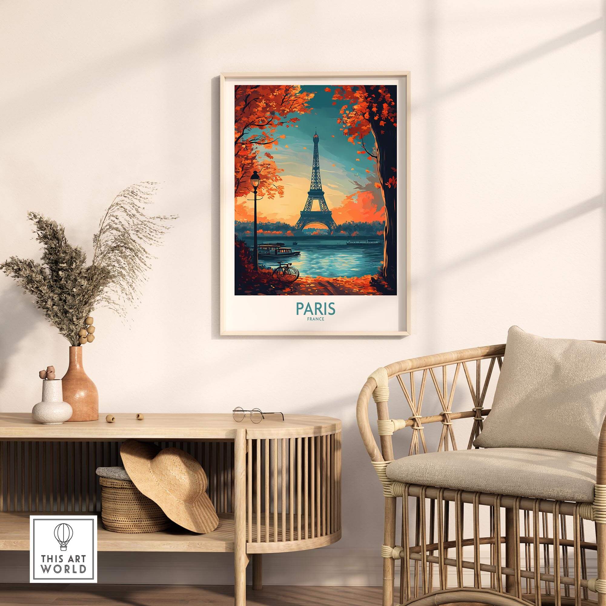 Paris Poster France showcasing the Eiffel Tower surrounded by autumn colors, adding elegance to any space.