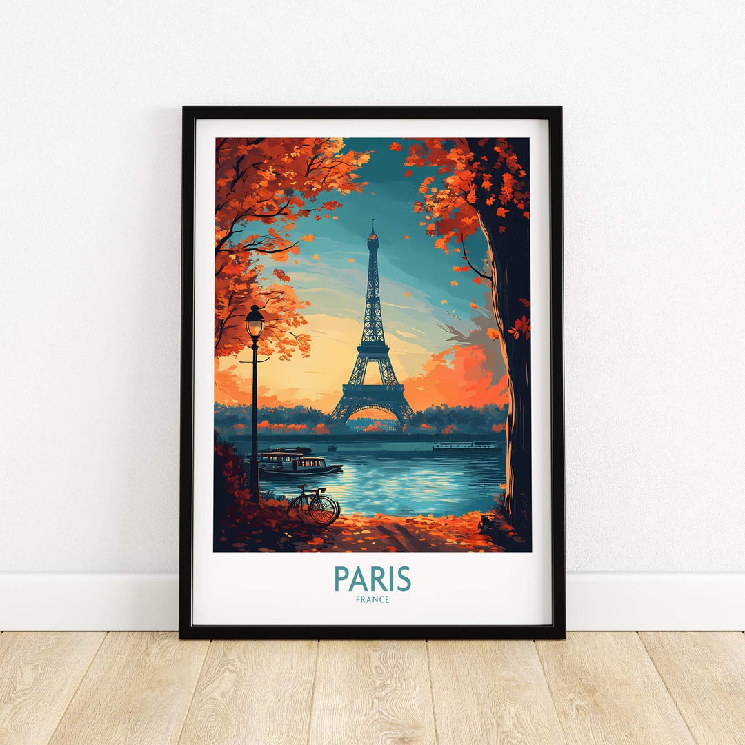 Paris poster featuring the Eiffel Tower in vibrant autumn colors, perfect for adding elegance to any room.