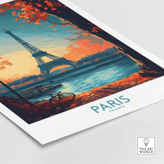 Paris Poster France featuring the Eiffel Tower and autumn scenery by the river.