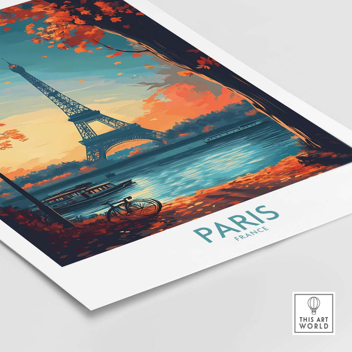 Paris poster featuring the Eiffel Tower at sunset with autumn leaves, perfect for adding elegance to any room.