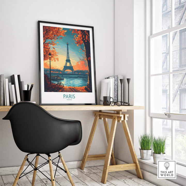 Paris poster featuring the Eiffel Tower, displayed in a stylish workspace with modern decor and natural light.