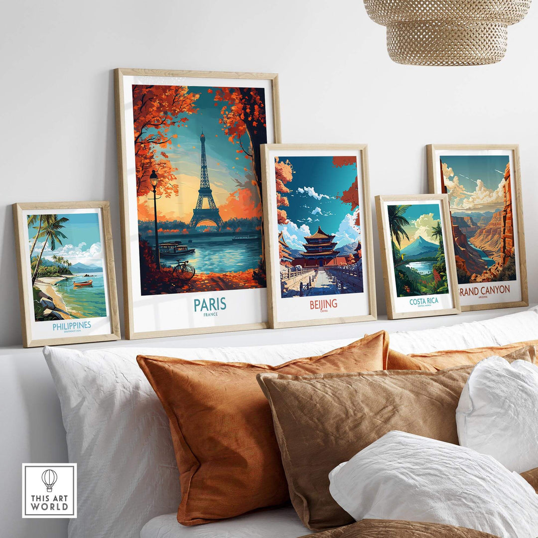 Paris poster featuring the Eiffel Tower among a collection of framed travel art, showcasing various global destinations.