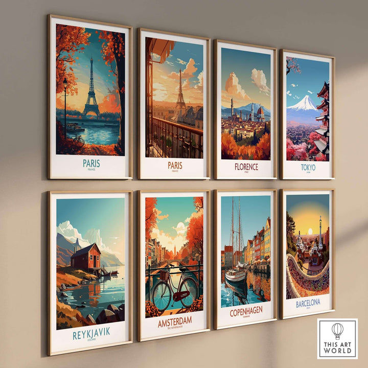 Colorful wall display of city posters featuring Paris, Florence, Tokyo, Reykjavik, Amsterdam, Copenhagen, and Barcelona.