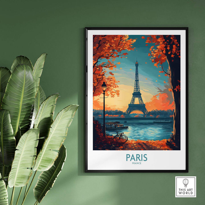 Paris poster featuring the Eiffel Tower amidst autumn colors, perfect for adding elegance to any room.