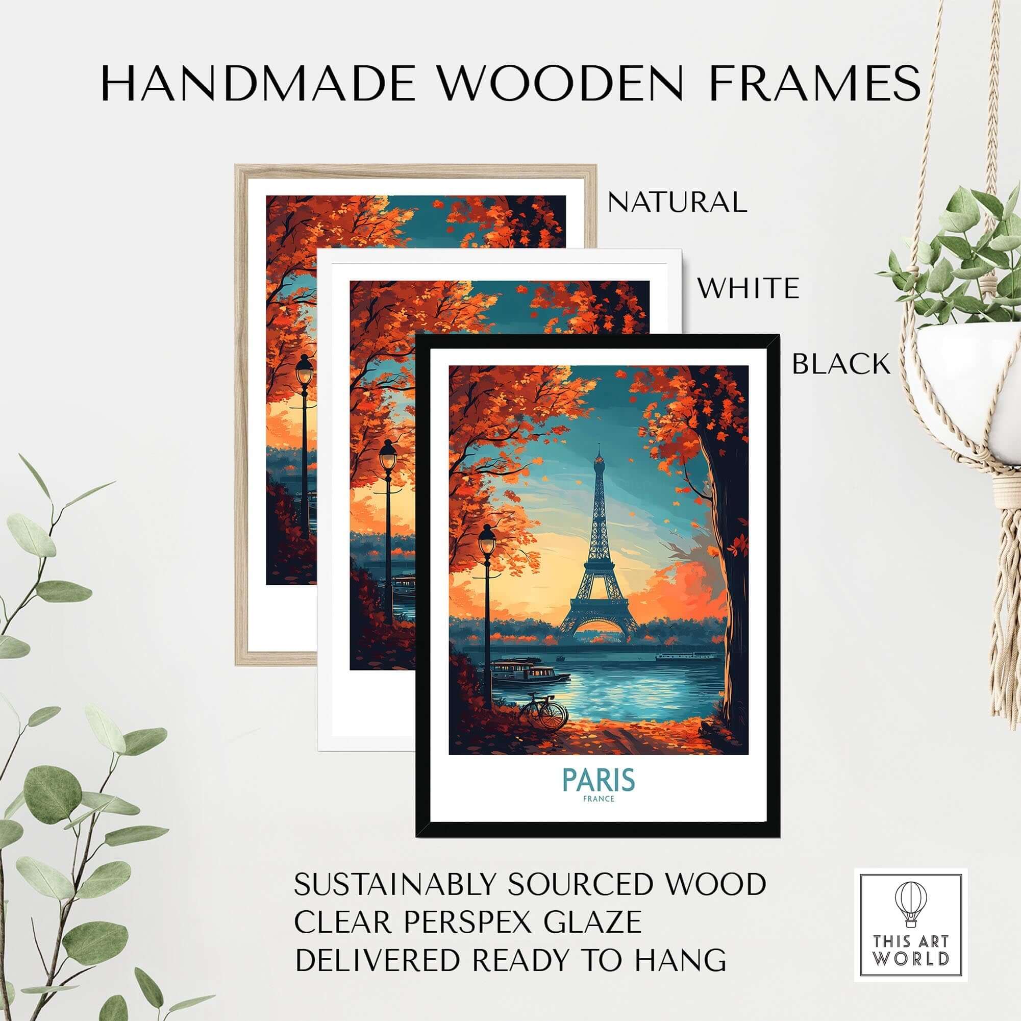Handmade wooden frames for Paris Poster France featuring natural, white, and black options, ready to hang.