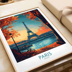 Paris Poster France featuring the Eiffel Tower, vibrant autumn colors, and a serene river scene.
