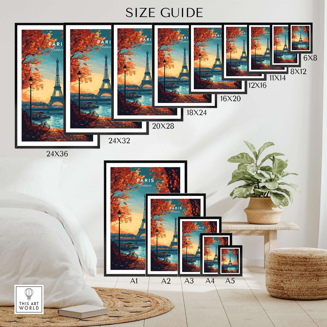 Size guide for Paris Print featuring the Eiffel Tower in various frame sizes, ideal for home decor.