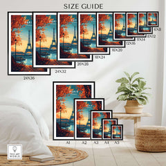 Paris Print France Size Guide featuring various frame sizes and Eiffel Tower design.