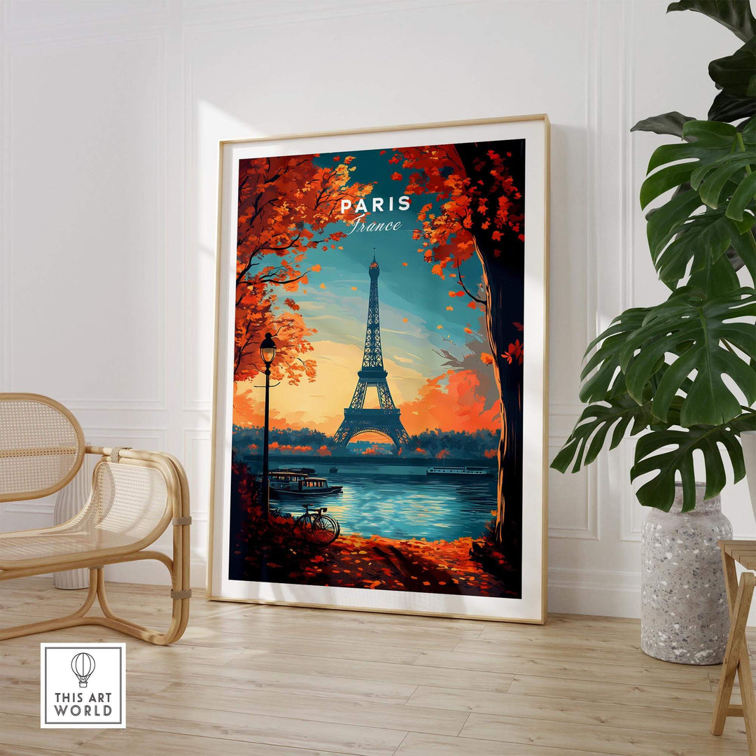 Paris Print featuring the Eiffel Tower with vibrant autumn colors, adding elegance to any room decor.