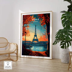 Paris Print France featuring the Eiffel Tower with vibrant autumn colors in a stylish interior setting.