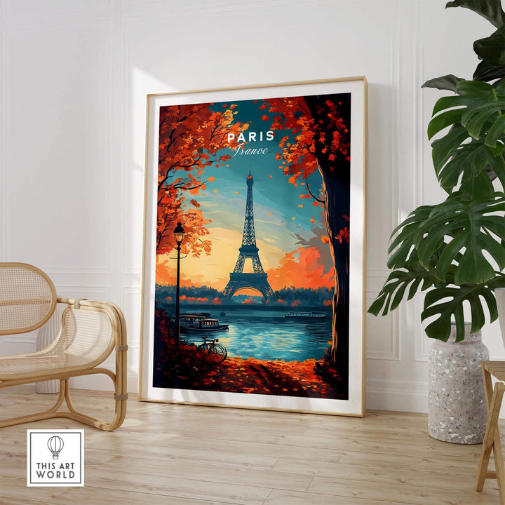 Paris Print featuring the Eiffel Tower with vibrant autumn colors, adding elegance to any room decor.