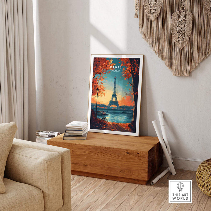 Beautiful vintage Paris print featuring the Eiffel Tower, enhancing a cozy living space with romantic charm.