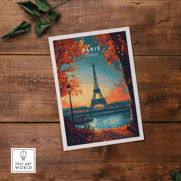 Paris Print featuring the Eiffel Tower surrounded by autumn foliage, adding elegance to any room decor.