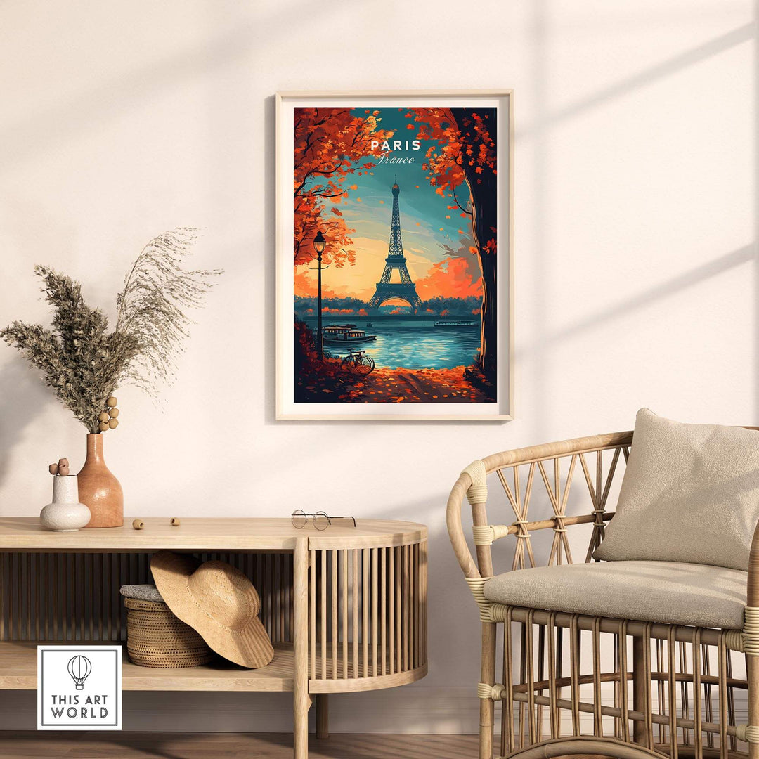 Stunning Paris print featuring the Eiffel Tower and vibrant autumn colors in an elegant room setting.