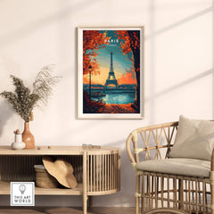 Paris Print France featuring the Eiffel Tower and vibrant autumn colors in a cozy interior setting.