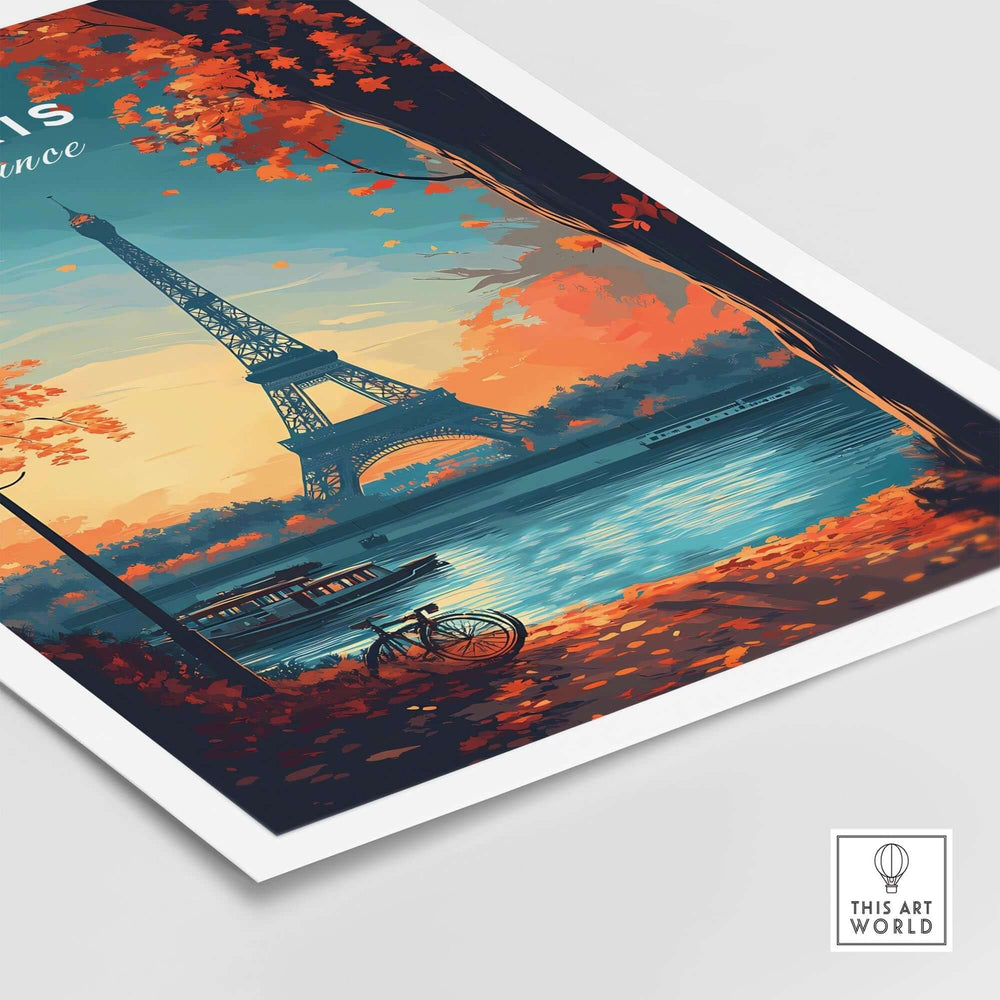 Paris print featuring the Eiffel Tower with vibrant autumn colors and a serene river scene, perfect for home decor.