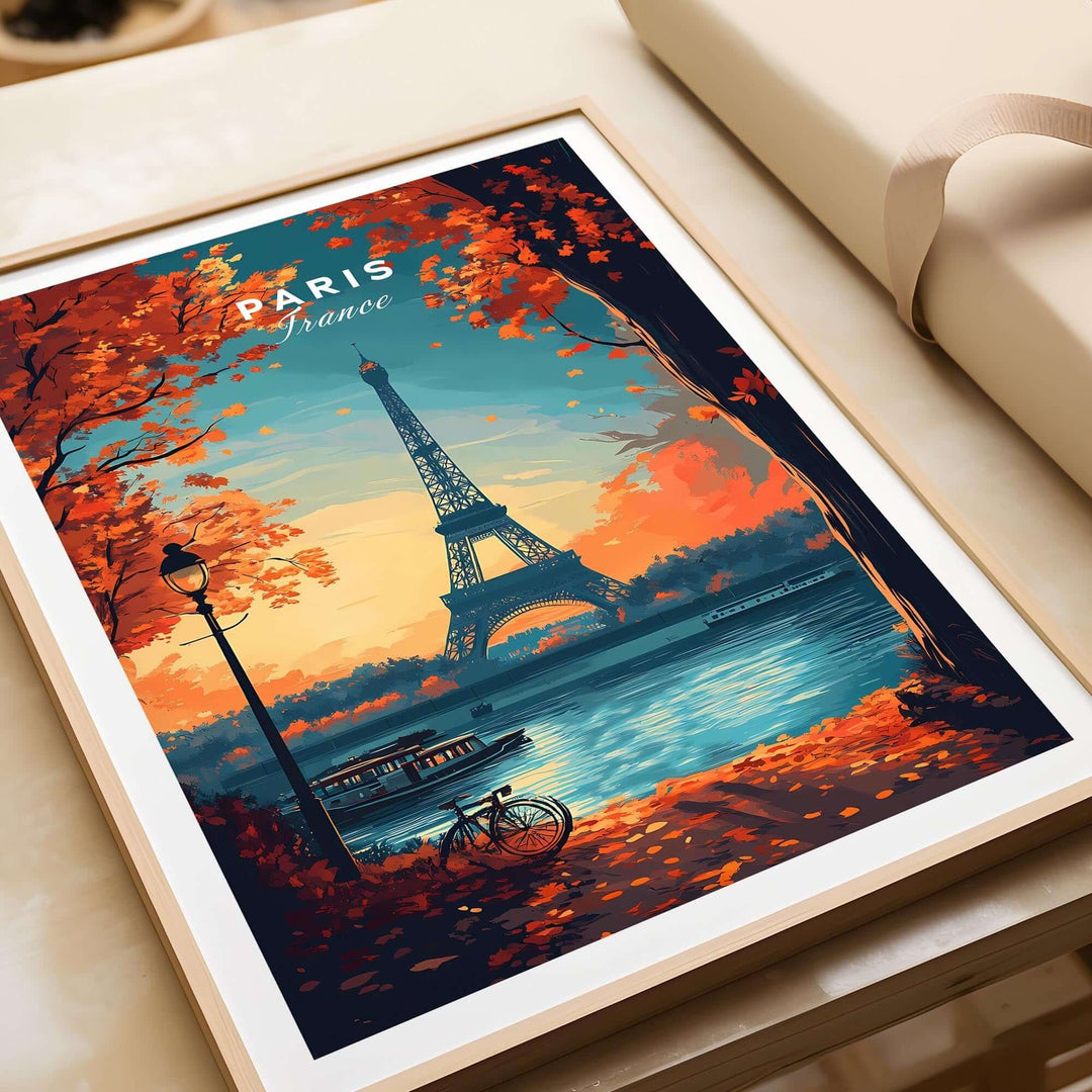 Vibrant Paris print featuring the Eiffel Tower amidst autumn foliage and a serene river scene. Perfect for home decor.