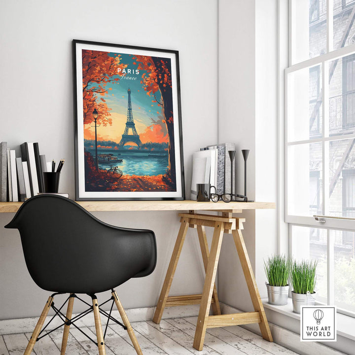 Paris Print featuring the Eiffel Tower, vibrant colors, and autumn leaves in a stylish interior setting.