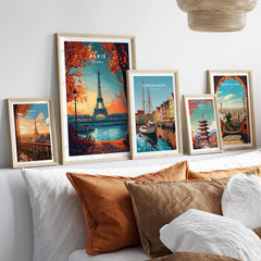 Paris Print France showcased among framed cityscape art featuring the Eiffel Tower and vibrant landscapes.