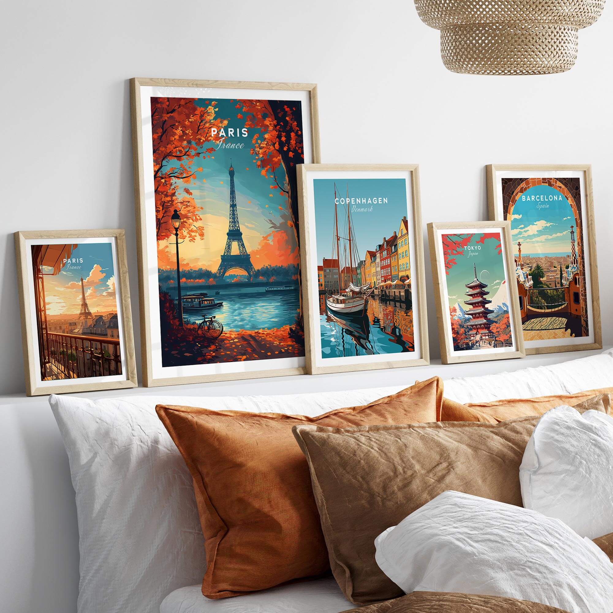 Paris Print France showcased among framed cityscape art featuring the Eiffel Tower and vibrant landscapes.