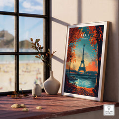 Stunning Paris Print France featuring the Eiffel Tower surrounded by autumn colors and a tranquil setting.