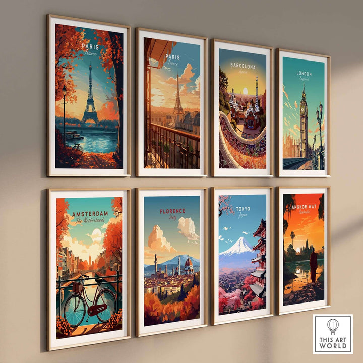 Colorful travel prints featuring Paris, Barcelona, London, Amsterdam, Florence, Tokyo, and Angkor Wat as wall art decor.