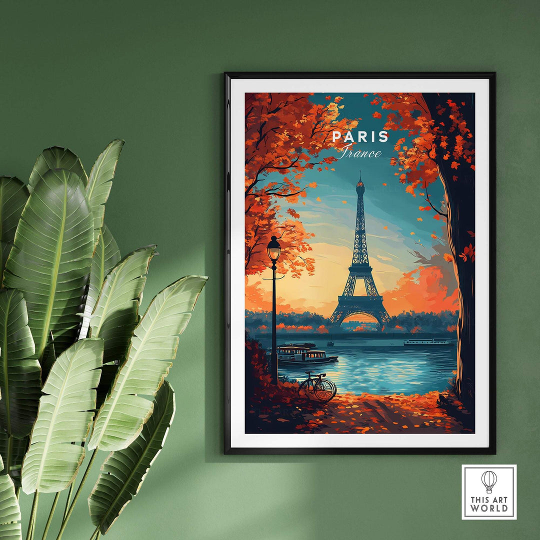 Paris Print featuring the Eiffel Tower surrounded by autumn leaves and a serene river scene, showcasing the romantic charm of France.