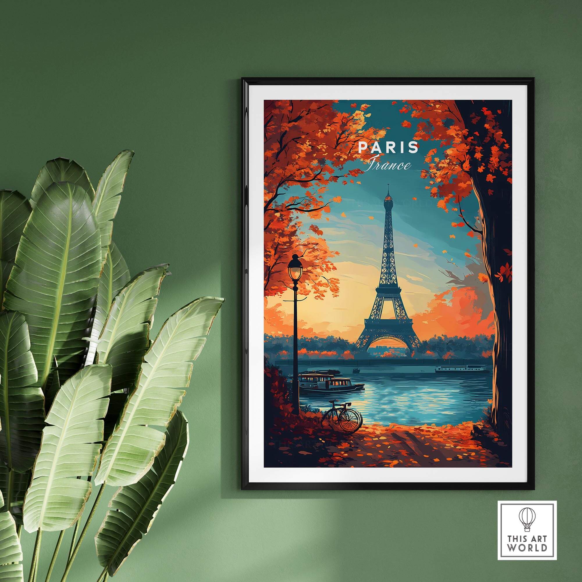 Paris Print France showcasing the Eiffel Tower surrounded by vibrant autumn colors and serene scenery.