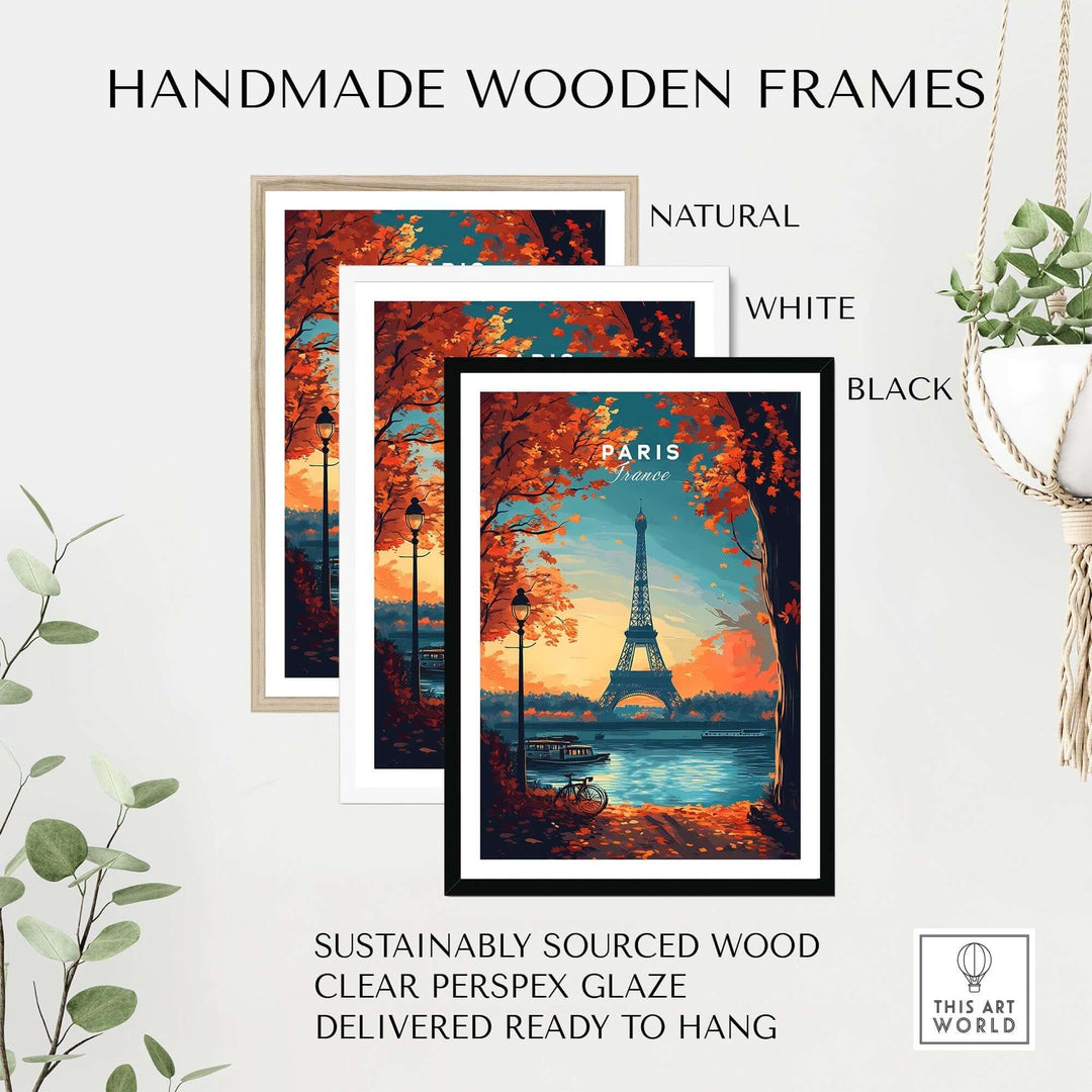 Handmade wooden frames in natural, white, and black, showcasing a vibrant Paris print with the Eiffel Tower.